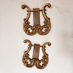Florentine Vintage Rococo Baroque Bronze Gold Metal Harp Wall Decor - Set of 2